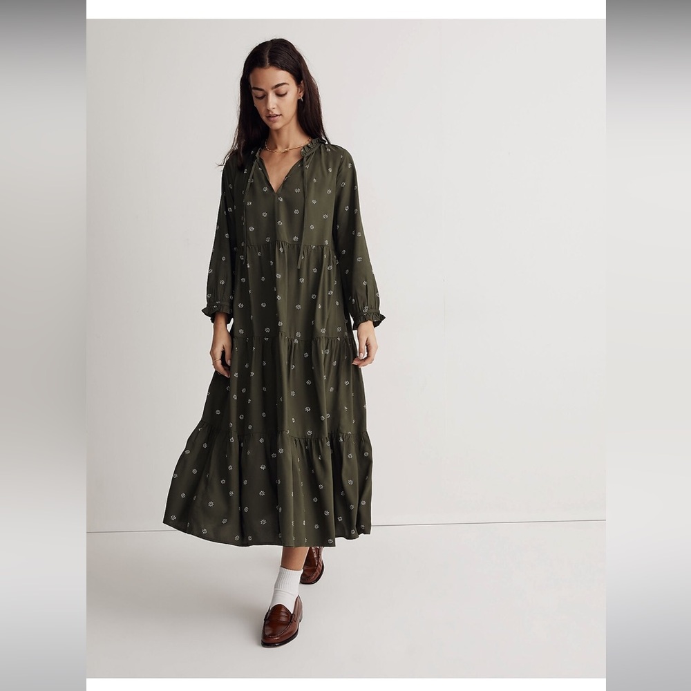 NWT Madewell Tie Neck Tiered Midi Dress in Stardot Size XS